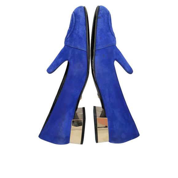 Gucci GG Logo Blue Suede Loafer Size 37 US 7 Chrome Block Heel Slip On Flat - Picture 5 of 10